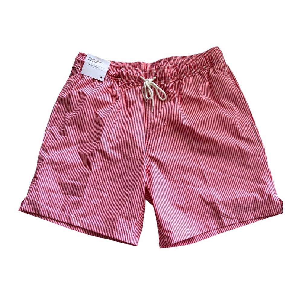 Goodfellow & Co Mens Red White Striped Swim Trunks 7 Inch Inseam Large NWT
